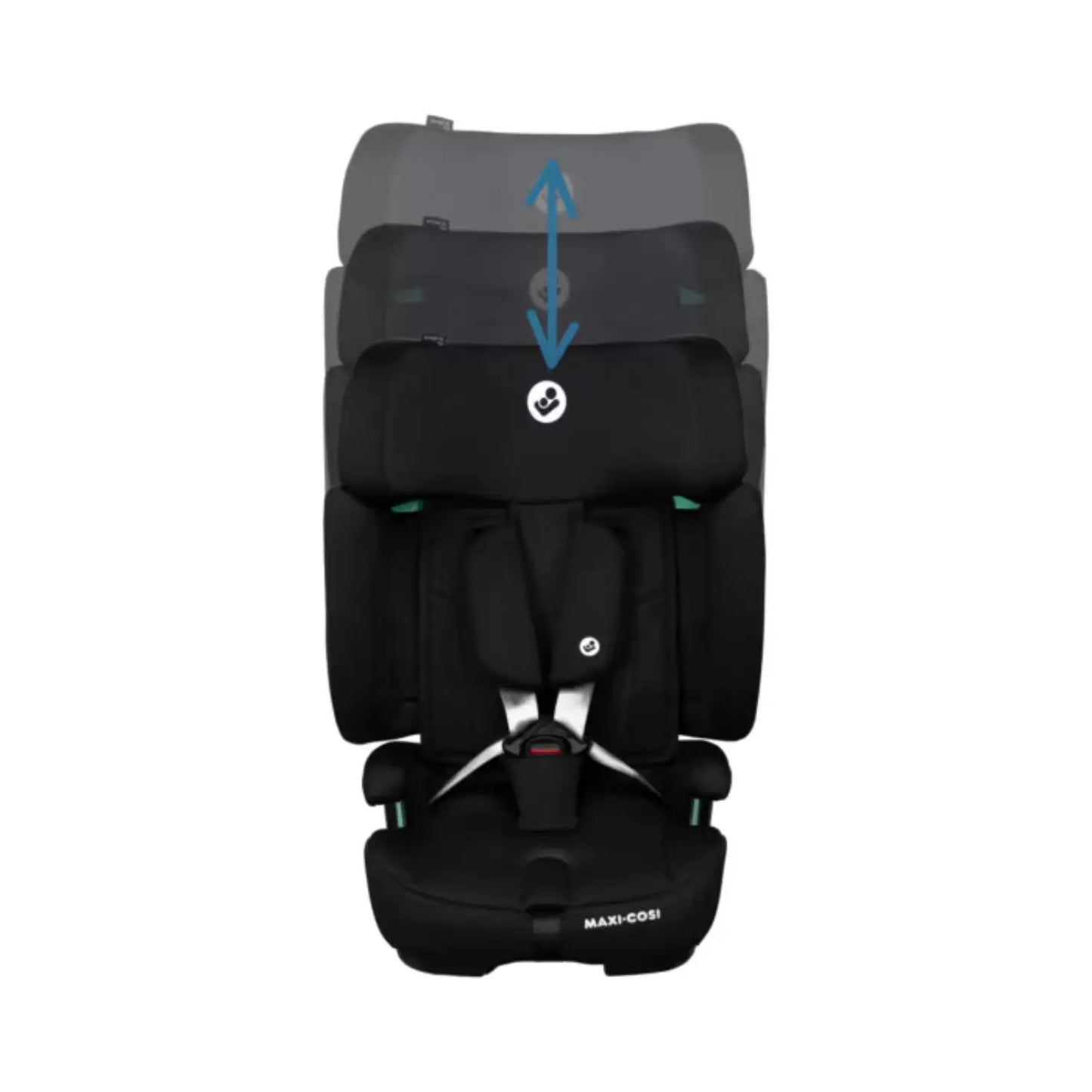 Silla de auto Maxi Cosi negra, vista frontal con ajuste de respaldo