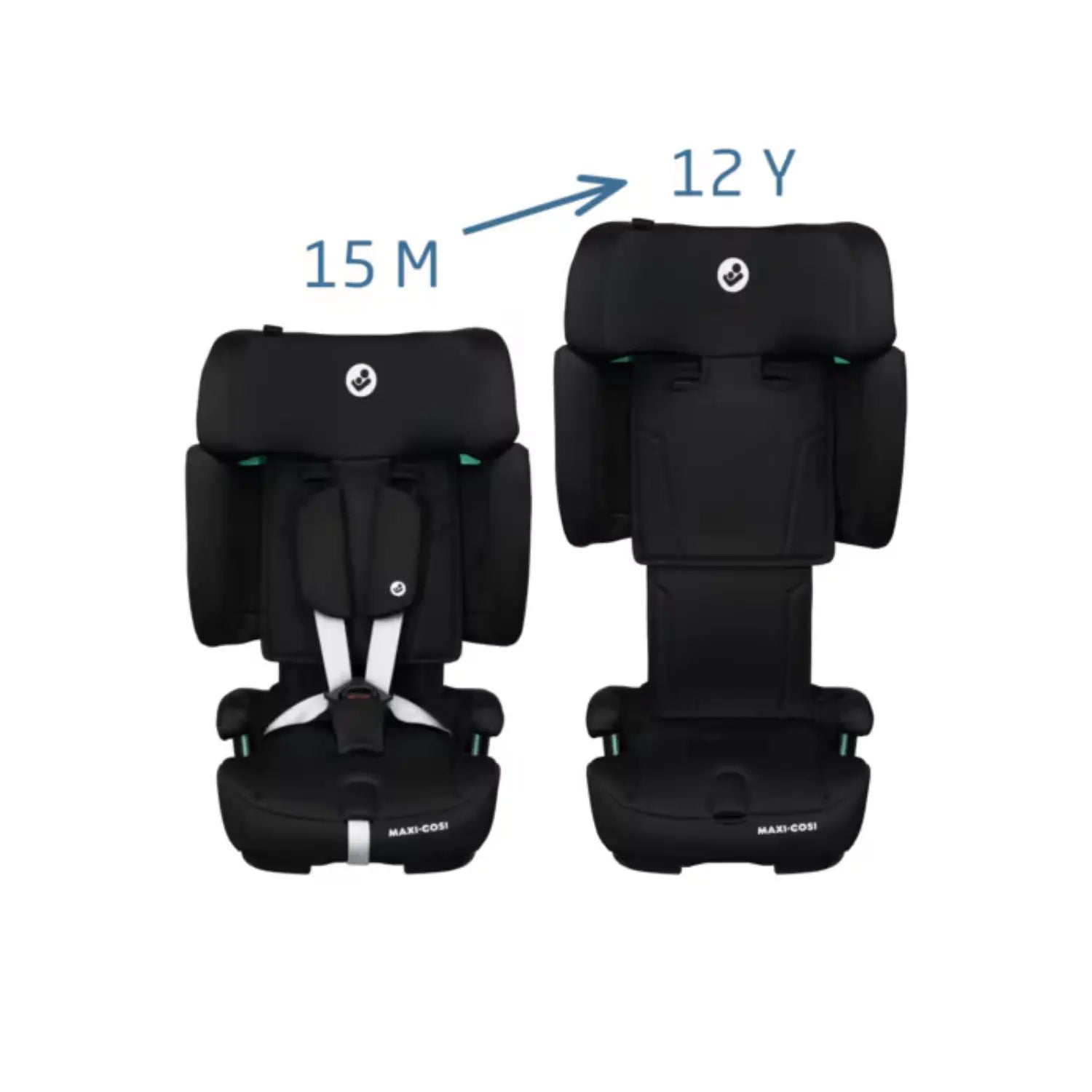 Silla Maxi Cosi negra, vista frontal y trasera, indicada para niños de 15 meses a 12 años