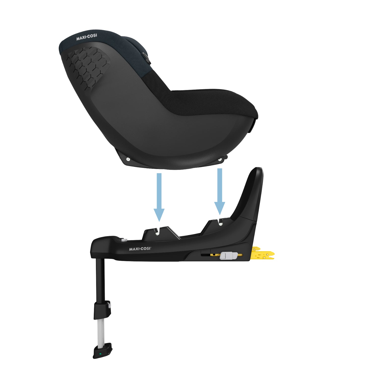 Silla Maxi Cosi negra vista lateral, base desmontable para seguridad infantil