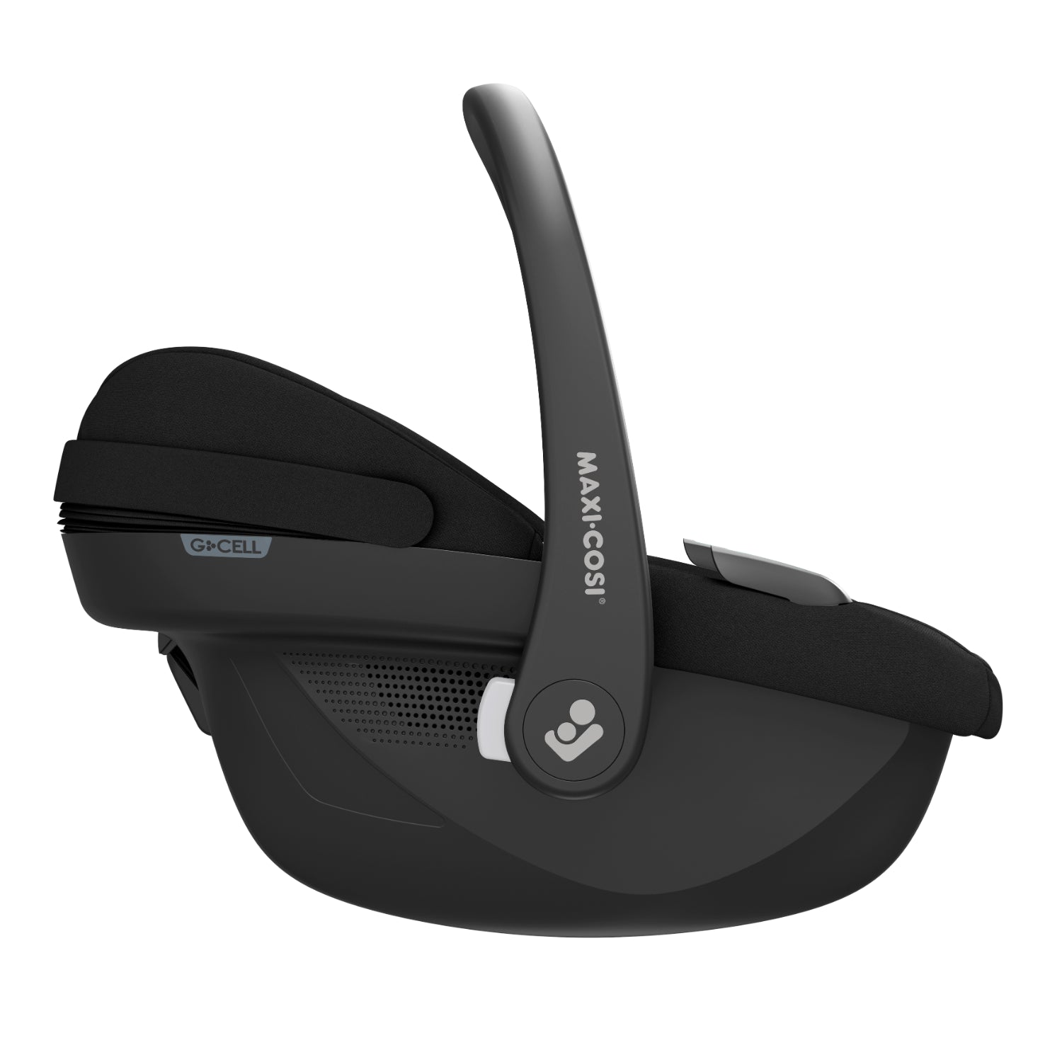 Silla de auto MAXI COSI en negro, vista lateral, ideal para bebés