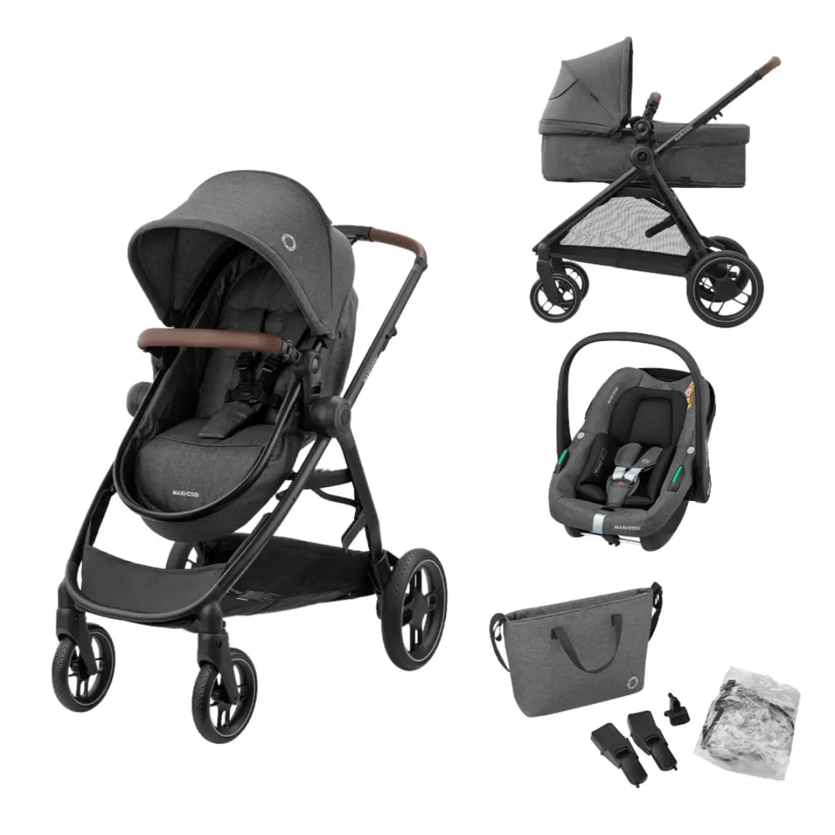 Coche de bebé MAXI COSI gris con silla de auto y accesorios.
