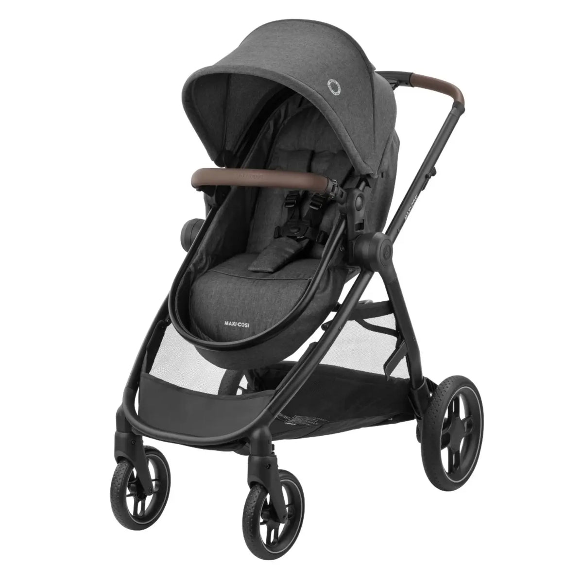 Coche MAXI COSI gris con manillar marrón, vista lateral para bebés
