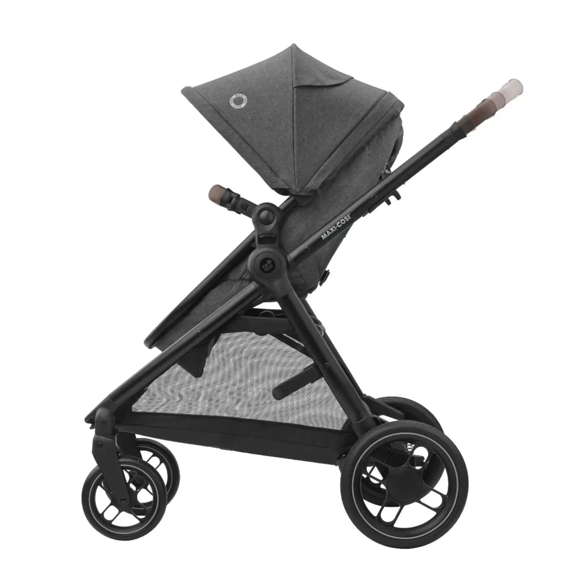 Coche Maxi Cosi gris lateral, asiento reclinable y capota ajustable