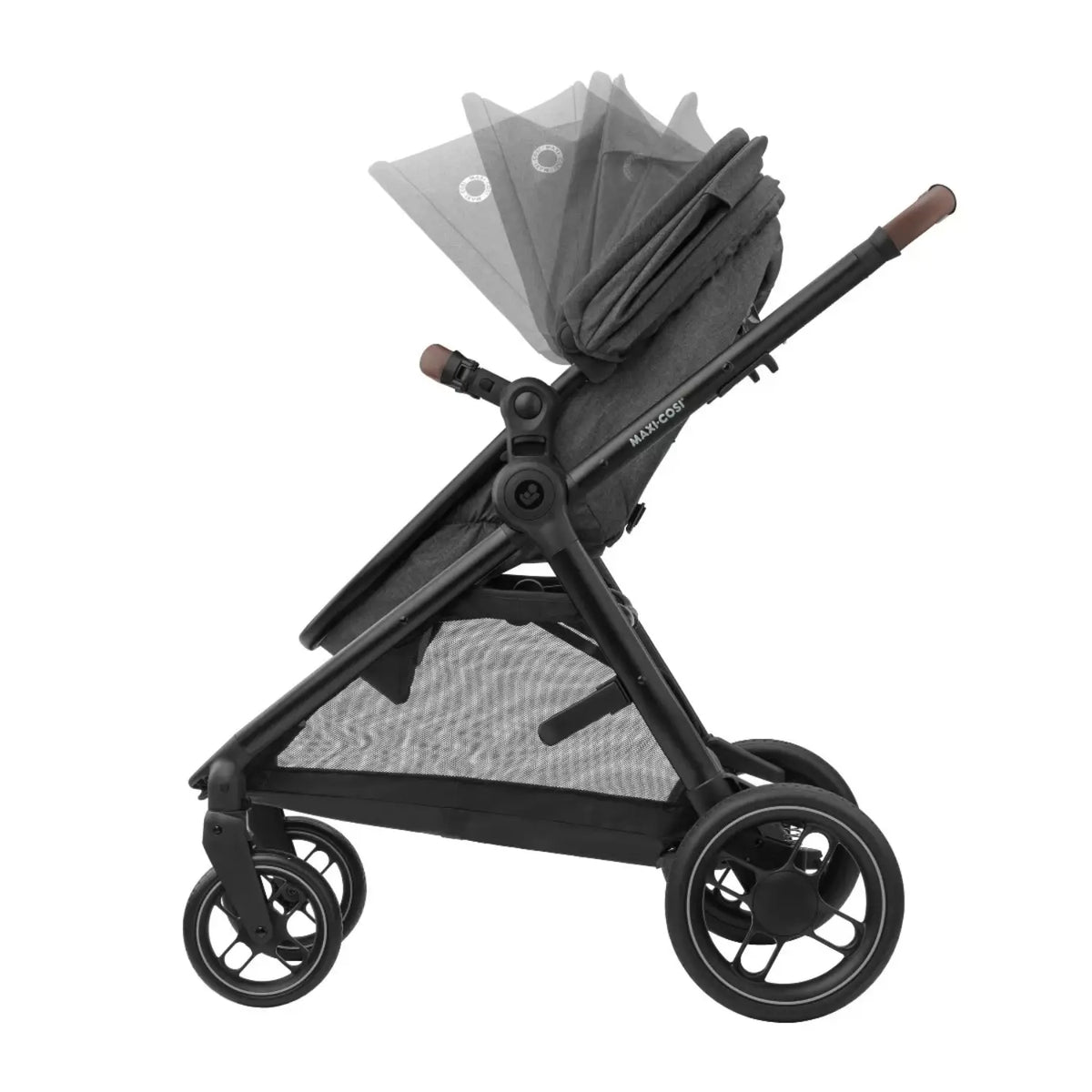Coche MAXI COSI negro lateral, con respaldo ajustable y diseño moderno
