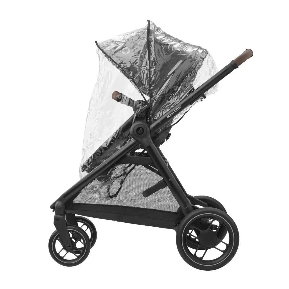 Coche MAXI COSI negro lateral con capota y protección contra la lluvia