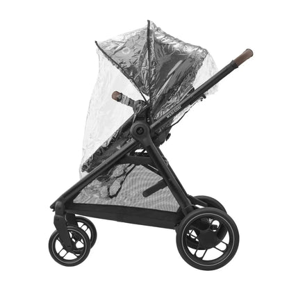 Coche MAXI COSI negro lateral con capota y protección contra la lluvia