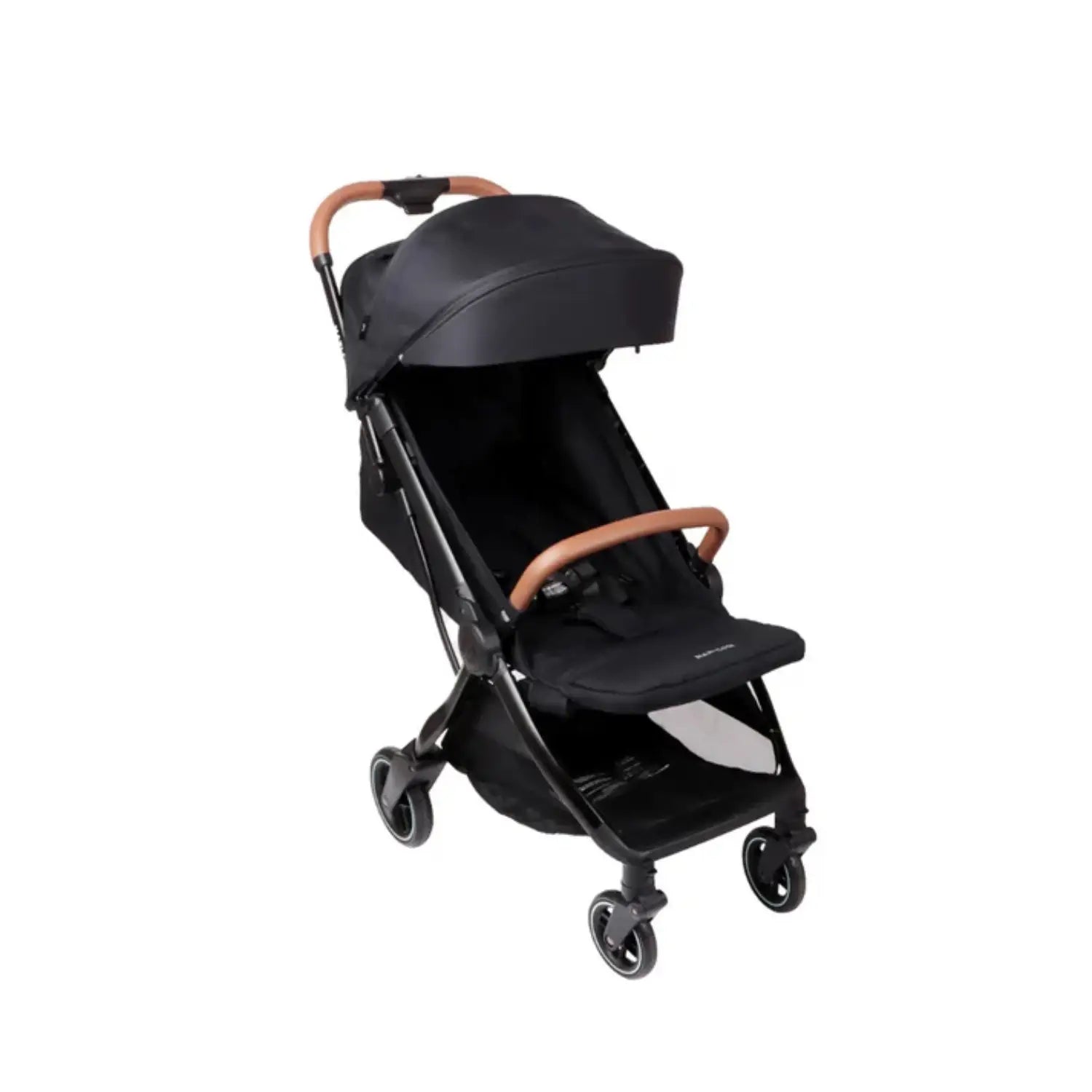 Coche Maxi Cosi negro con capota y manillar de cuero, vista frontal