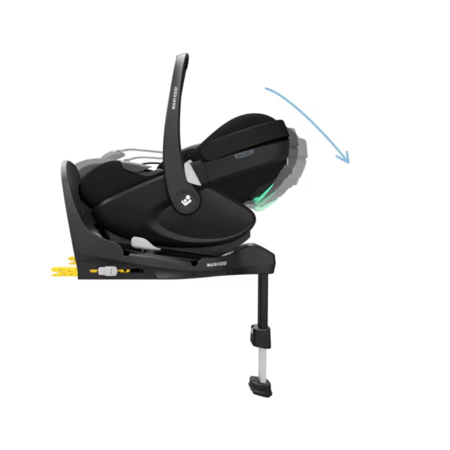 Silla Maxi Cosi negra, vista lateral, base adaptable para automóvil