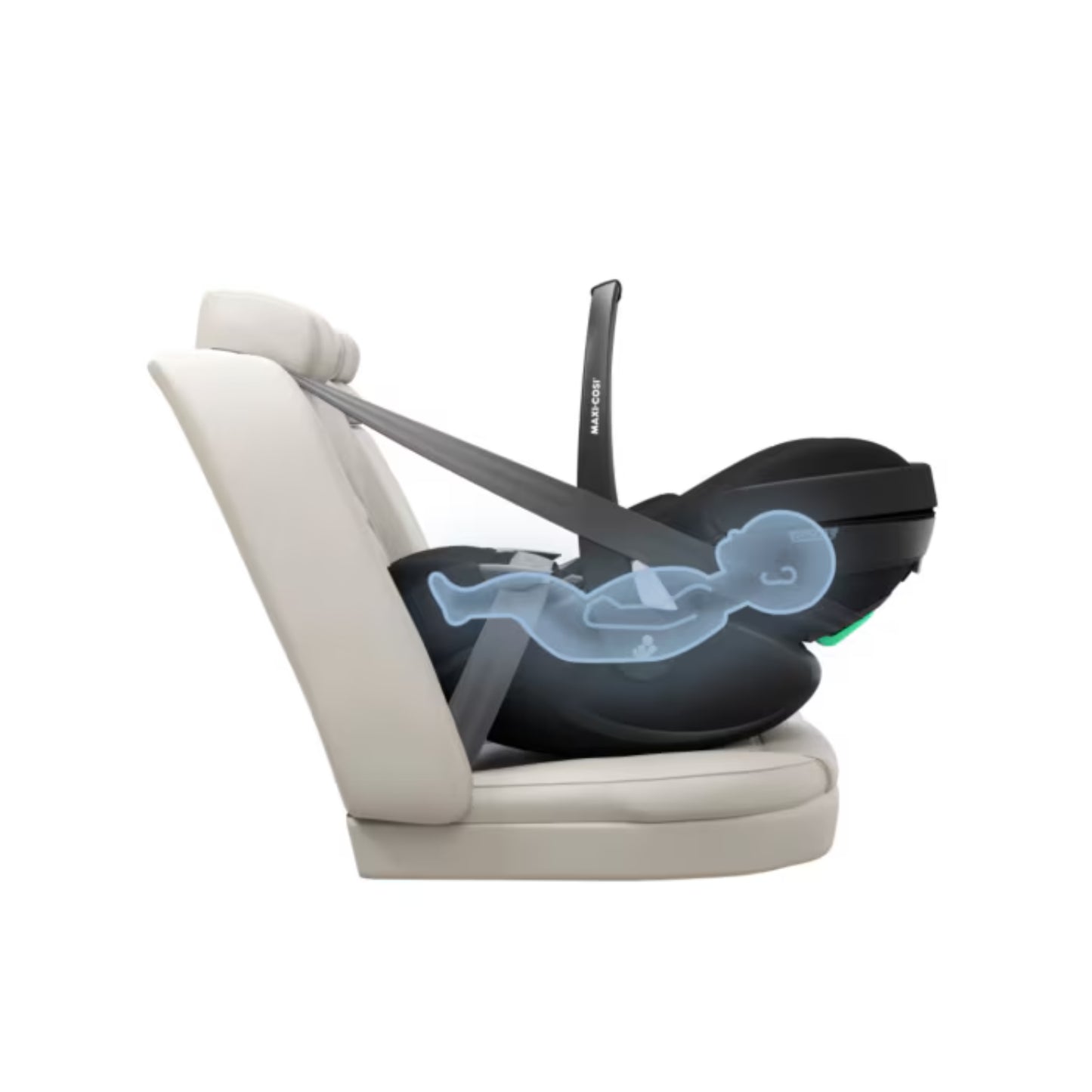 Silla de auto Maxi Cosi negra lateral, instalación segura para bebés