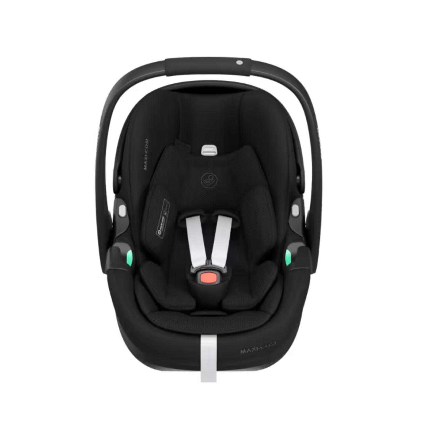 Silla de auto Maxi Cosi negra, vista frontal, ideal para bebés