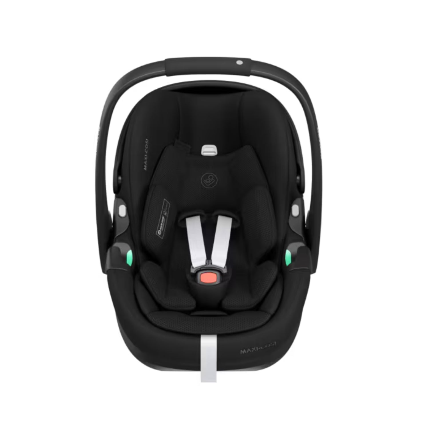Silla de auto Maxi Cosi negra, vista frontal, ideal para bebés