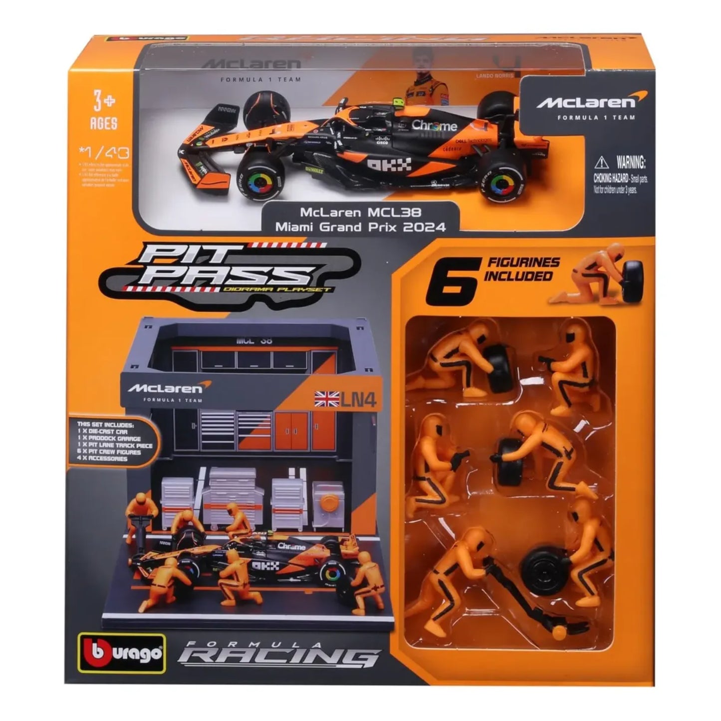 Modelo de carro McLaren MCL38, vista frontal con figuras de piloto, temática de carrera