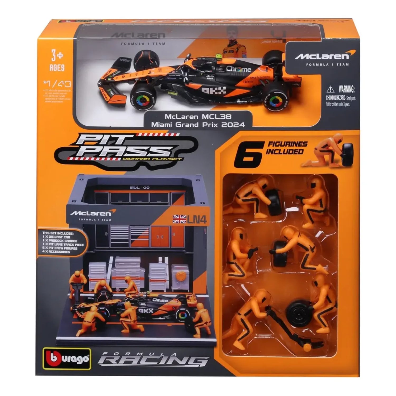 Modelo de carro McLaren MCL38, vista frontal con figuras de piloto, temática de carrera