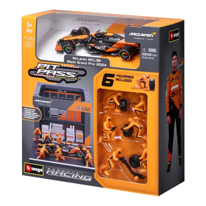 Carro McLaren MCL39 naranja, vista frontal con figuras para el Gran Premio 2024