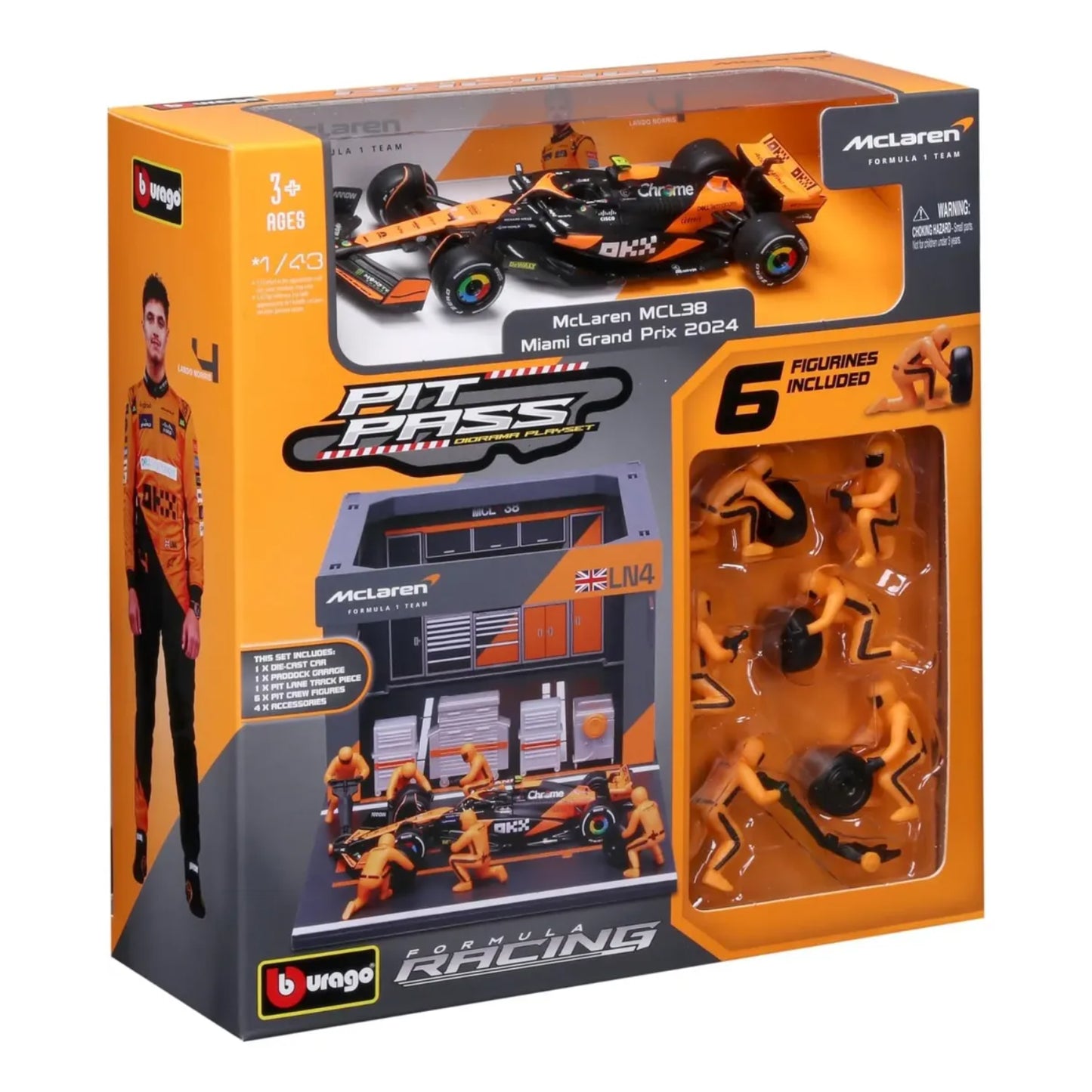 Carro McLaren MCL58 naranja, modelo de carrera, vista frontal con figuras incluidas
