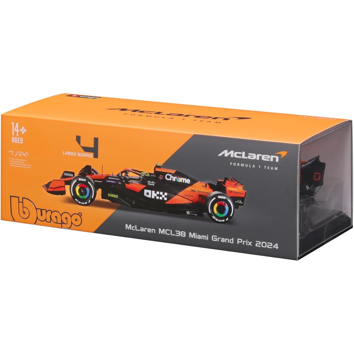 Modelo McLaren MCL38 2024, vista frontal en caja, colección de F1