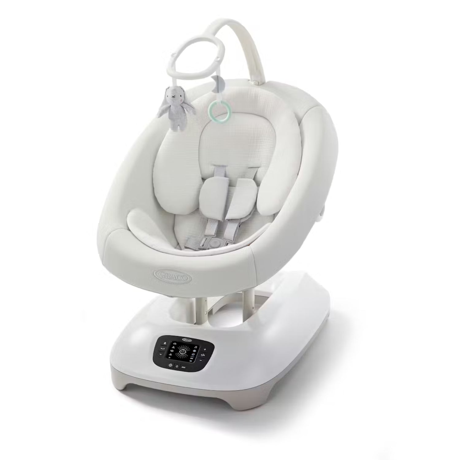 Mecedera Graco blanca con control táctil y diseño ergonómico, ideal para bebés