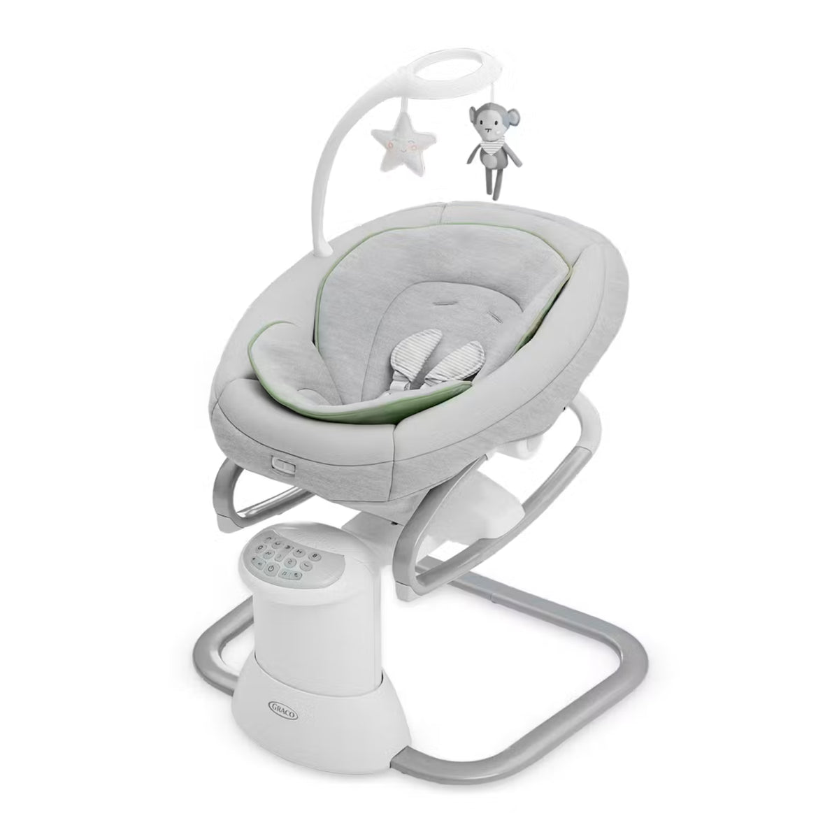 mecedora Graco gris con vibración y móvil, vista frontal en habitación infantil