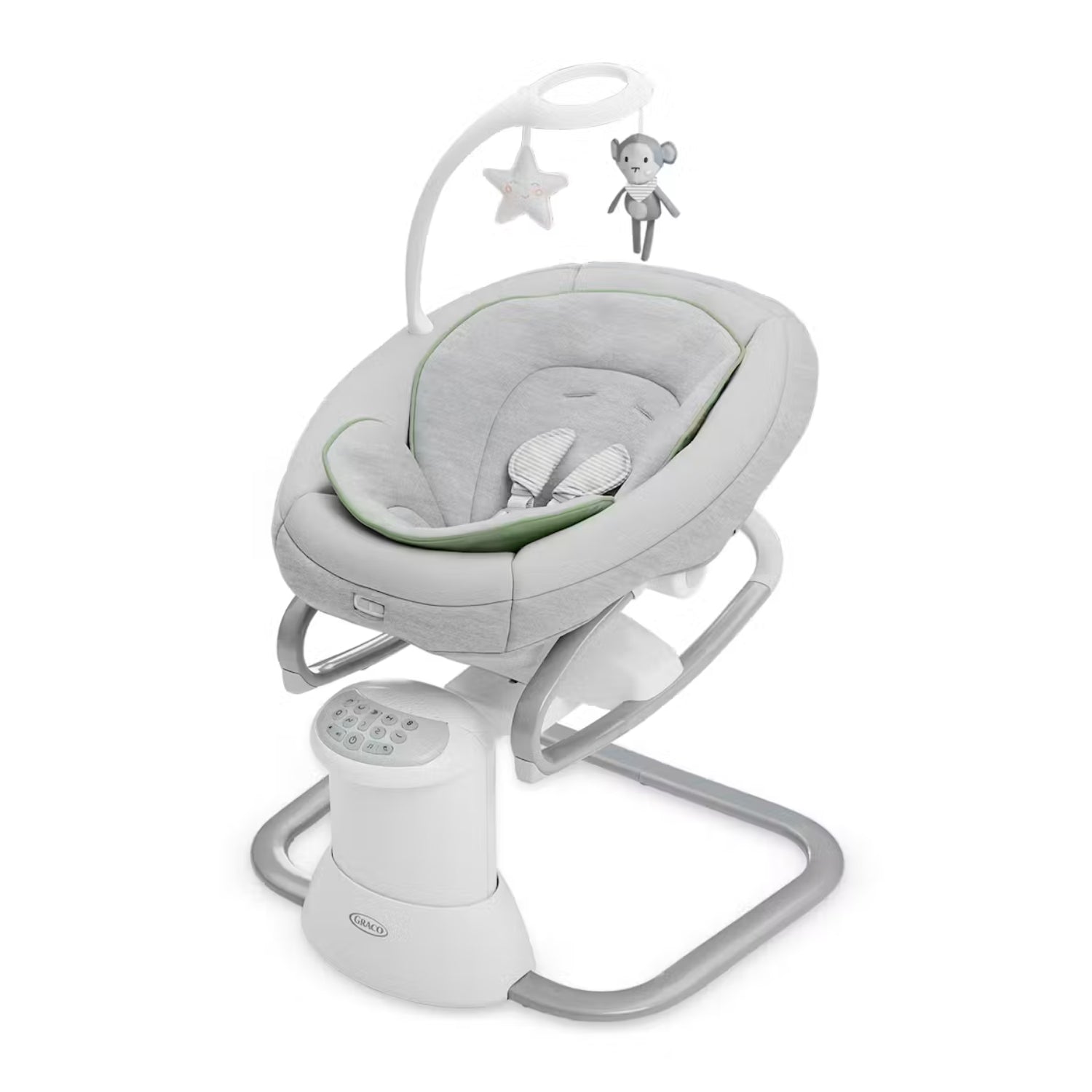 mecedora Graco gris con vibración y móvil, vista frontal en habitación infantil