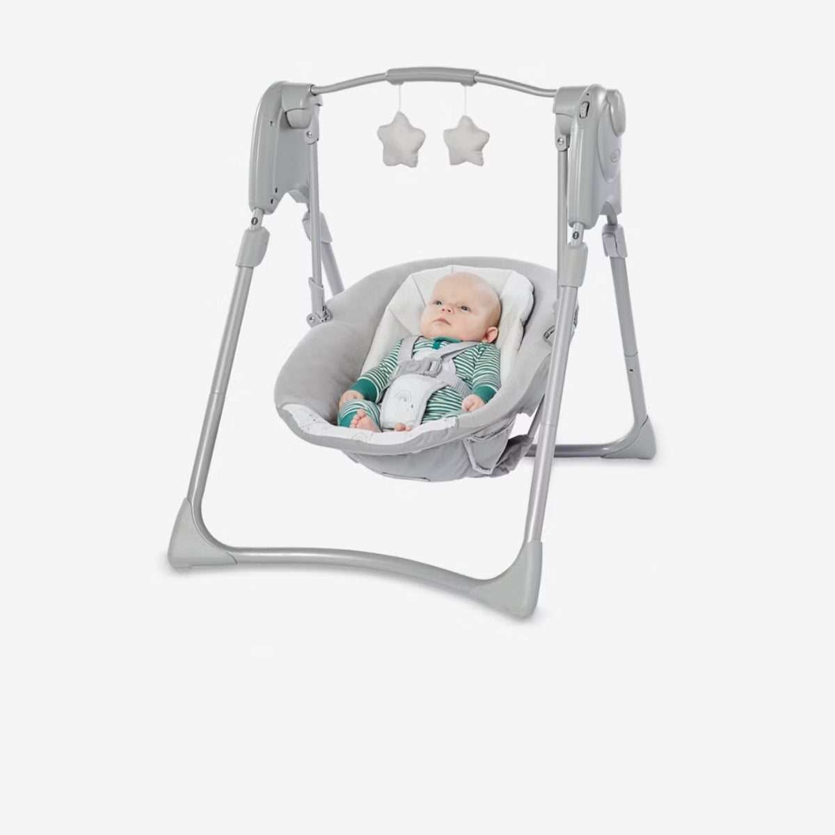 Mecedora GRACO color gris, vista lateral con muñecos colgantes y bebé dentro