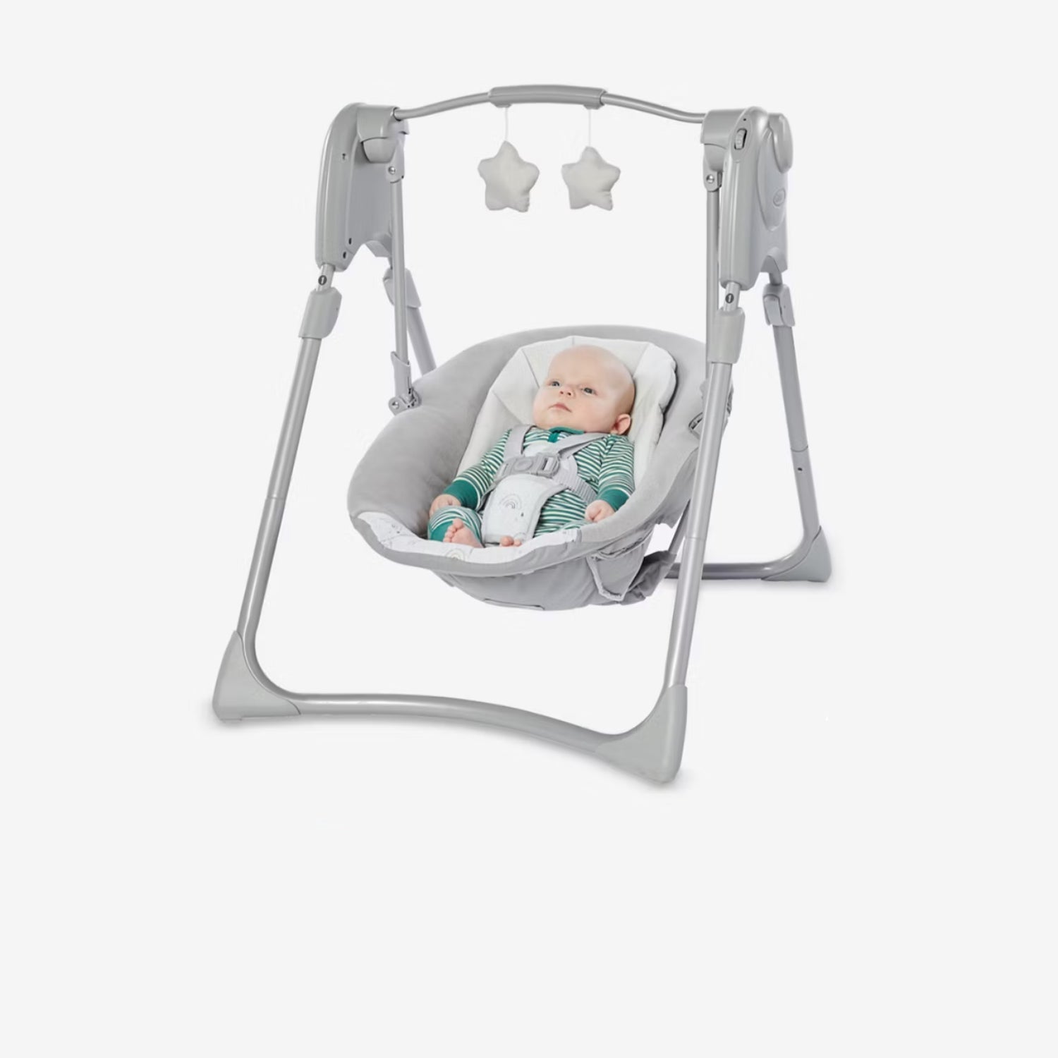 Mecedora GRACO color gris, vista lateral con muñecos colgantes y bebé dentro