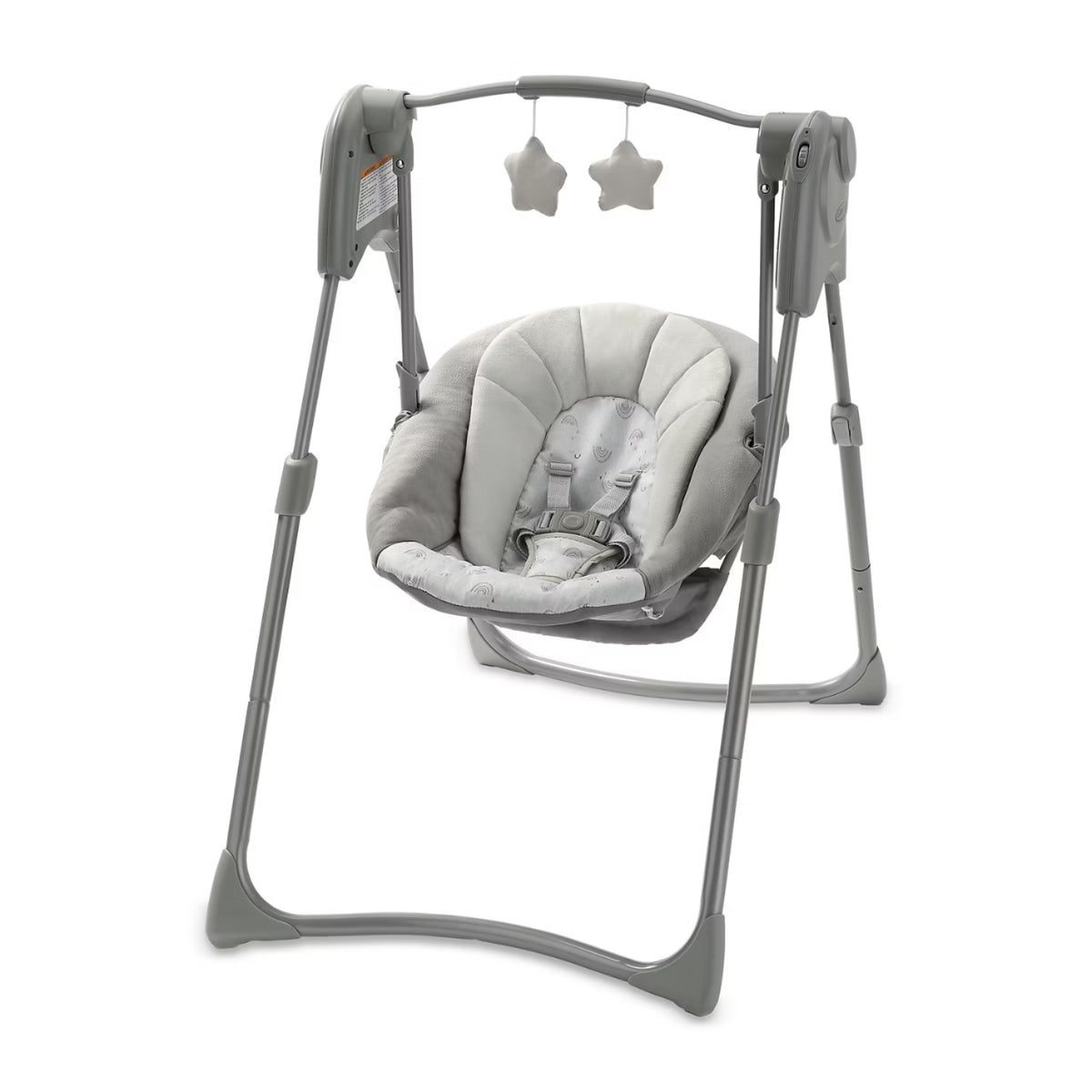 Mecedora Graco gris, vista lateral, ideal para bebés con juguetes colgantes