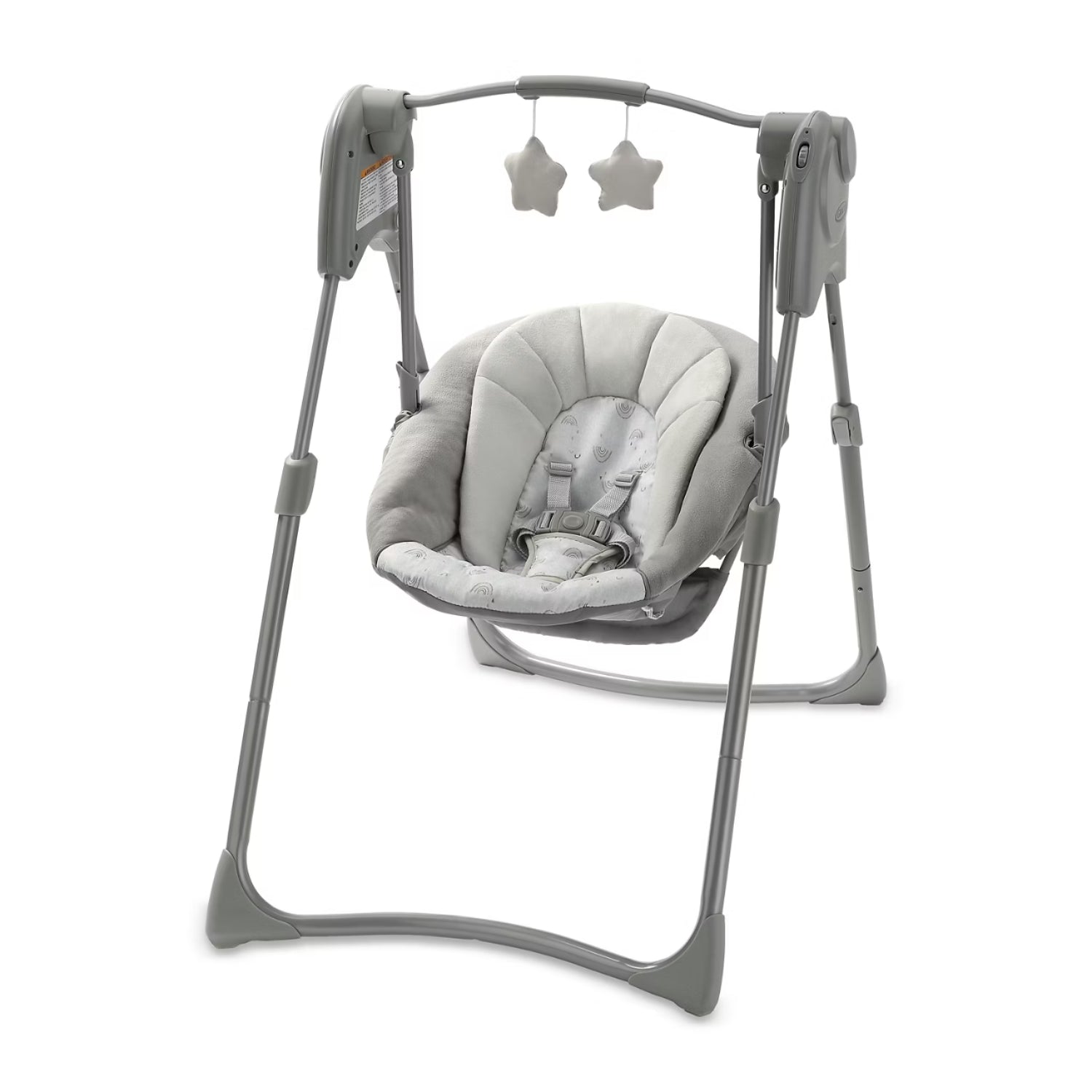 Mecedora Graco gris, vista lateral, ideal para bebés con juguetes colgantes