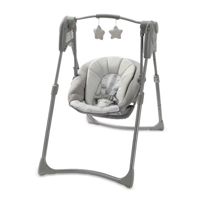Mecedora Graco gris, vista lateral, ideal para bebés con juguetes colgantes