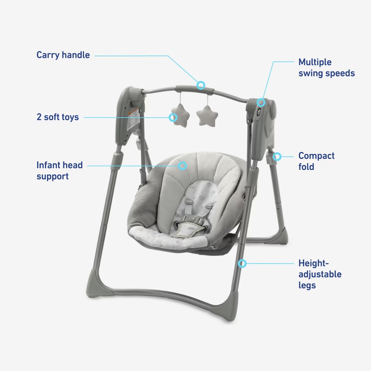 Mecedora gris con manija, juguetes suaves y soporte para cabeza infantil