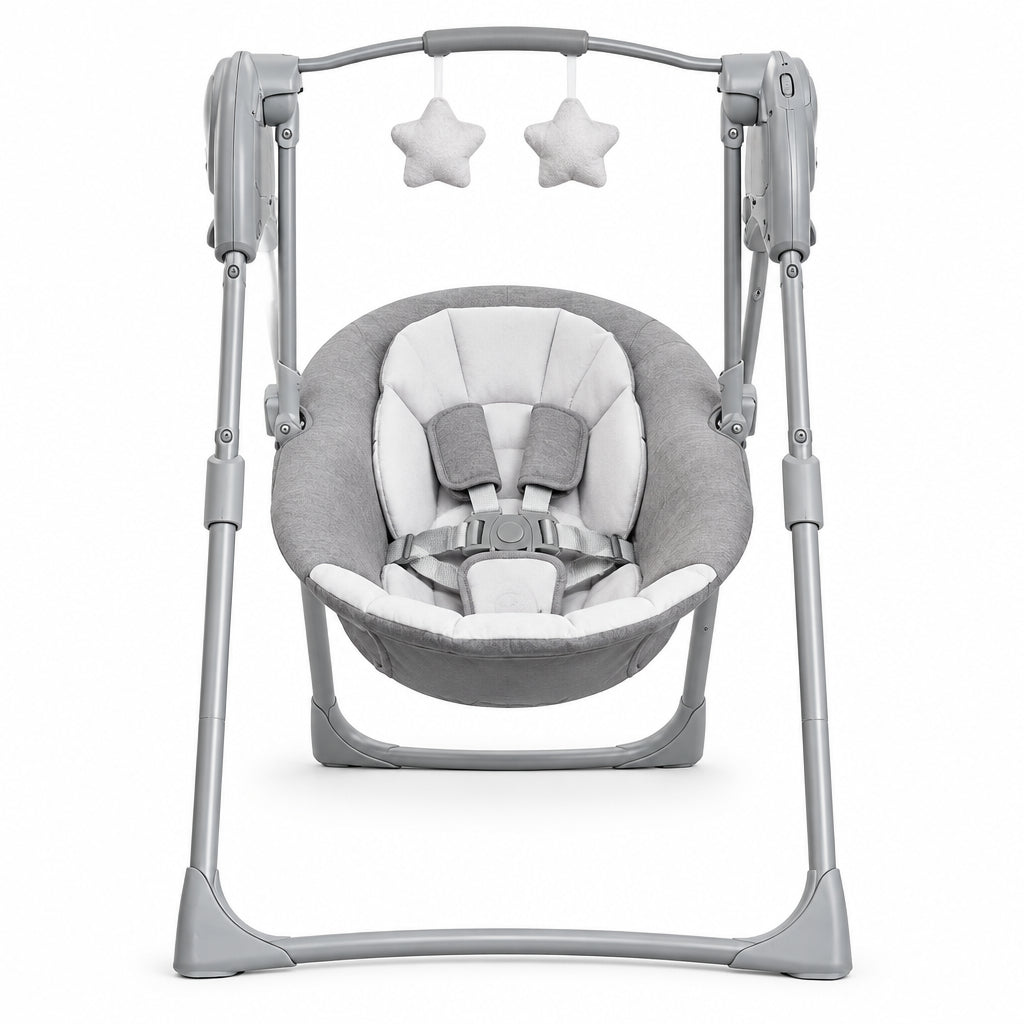 Mecedora gris GRACO frontal con dos estrellas colgantes para bebés