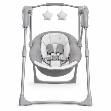 Mecedora gris GRACO frontal con dos estrellas colgantes para bebés
