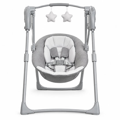 Mecedora gris GRACO frontal con dos estrellas colgantes para bebés