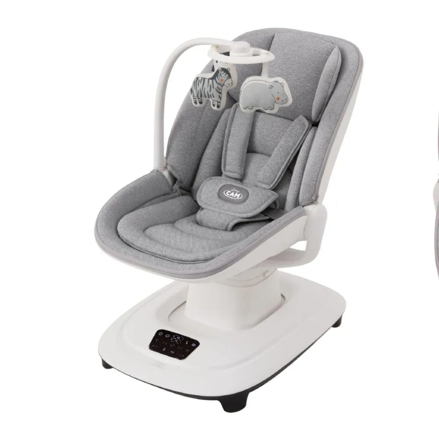 Mecedora gris KIDILO, vista frontal, ideal para bebés con juguetes colgantes