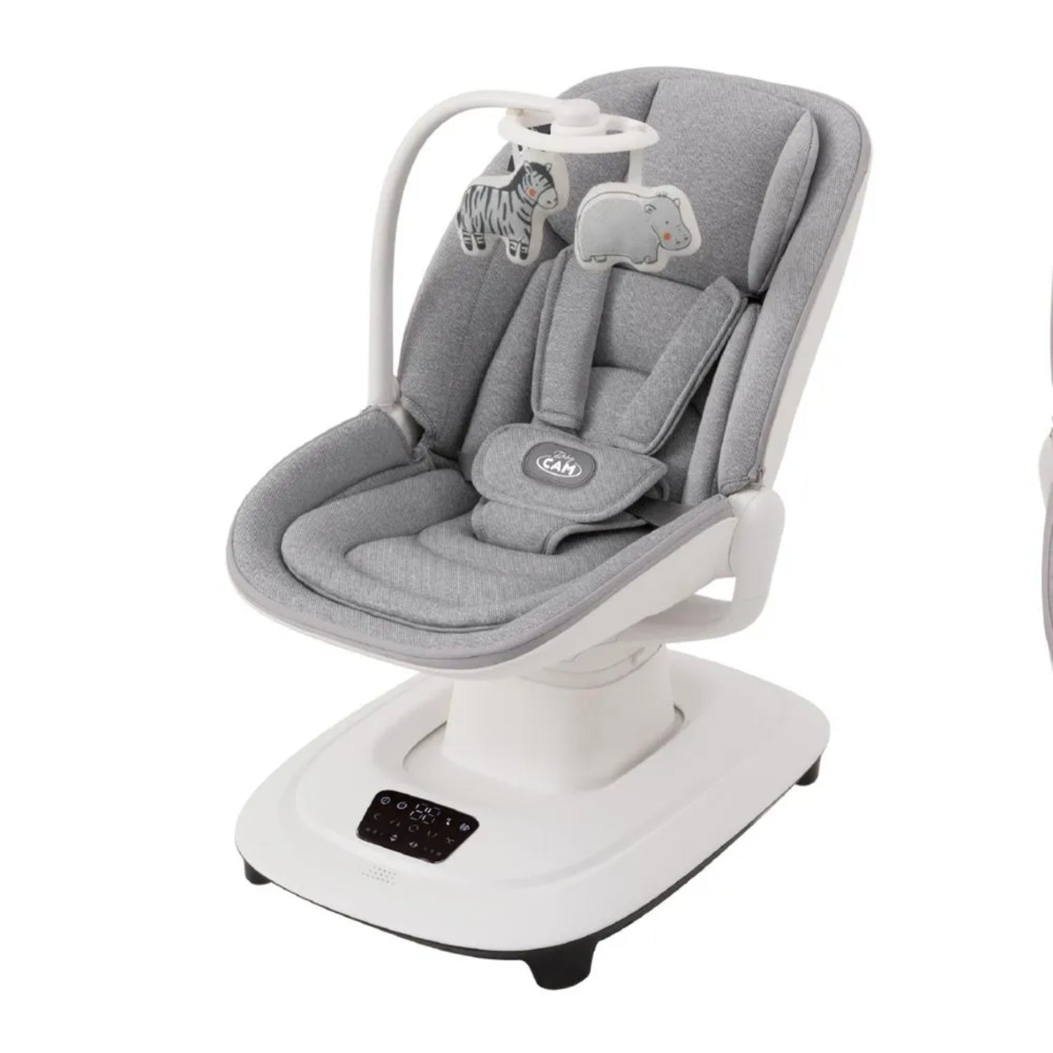 Mecedora gris KIDILO, vista frontal, ideal para bebés con juguetes colgantes