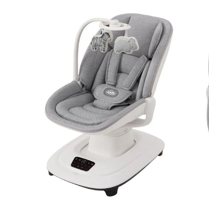 Mecedora gris KIDILO, vista frontal, ideal para bebés con juguetes colgantes