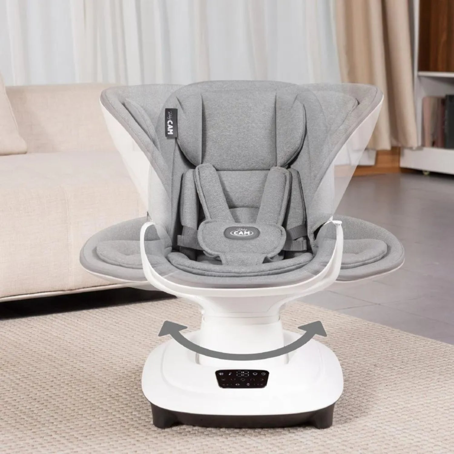 Mecedora gris KIDILO con diseño moderno, vista frontal en sala de estar