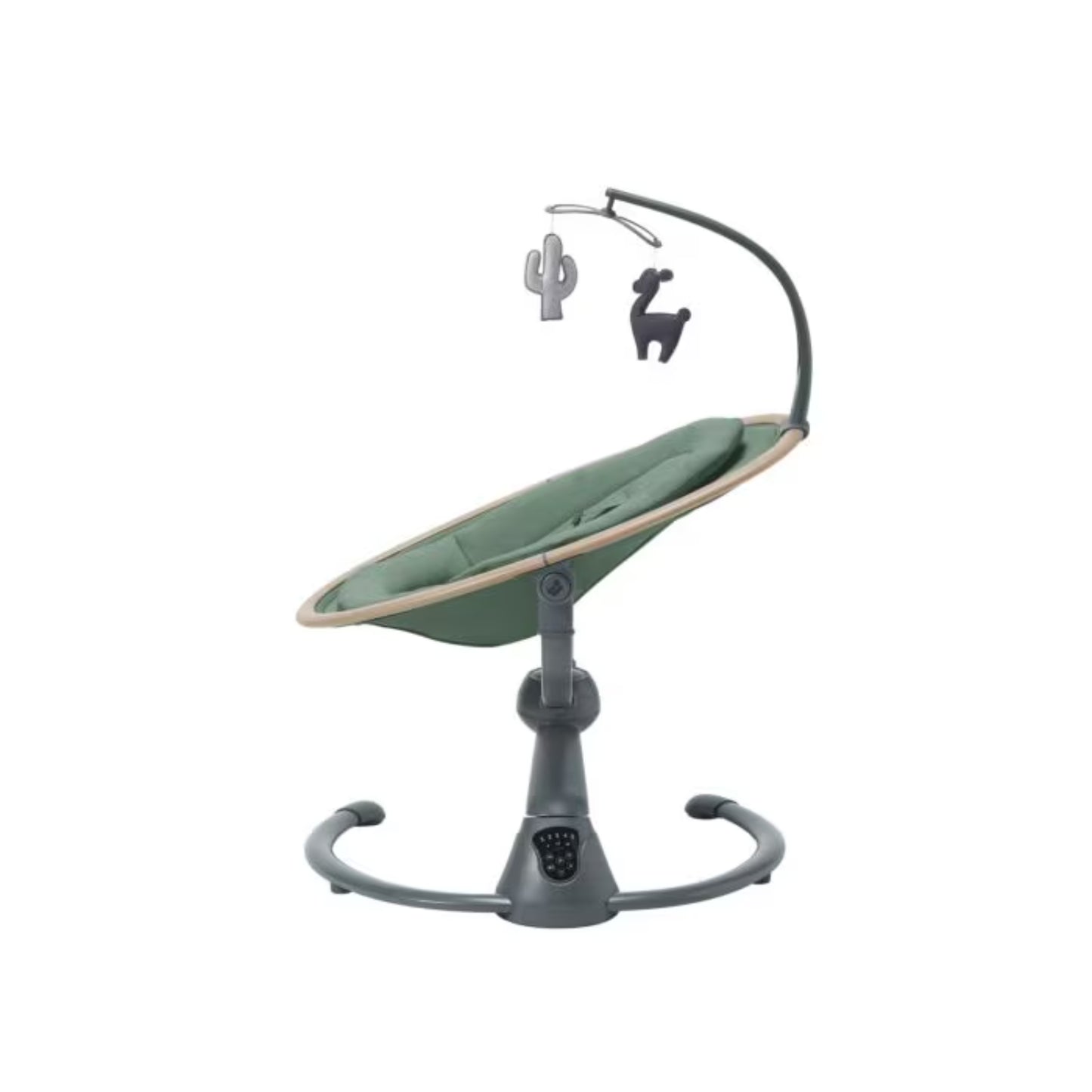 Mecedora verde de MAXI COSI con juguetes colgantes, vista lateral en habitación infantil