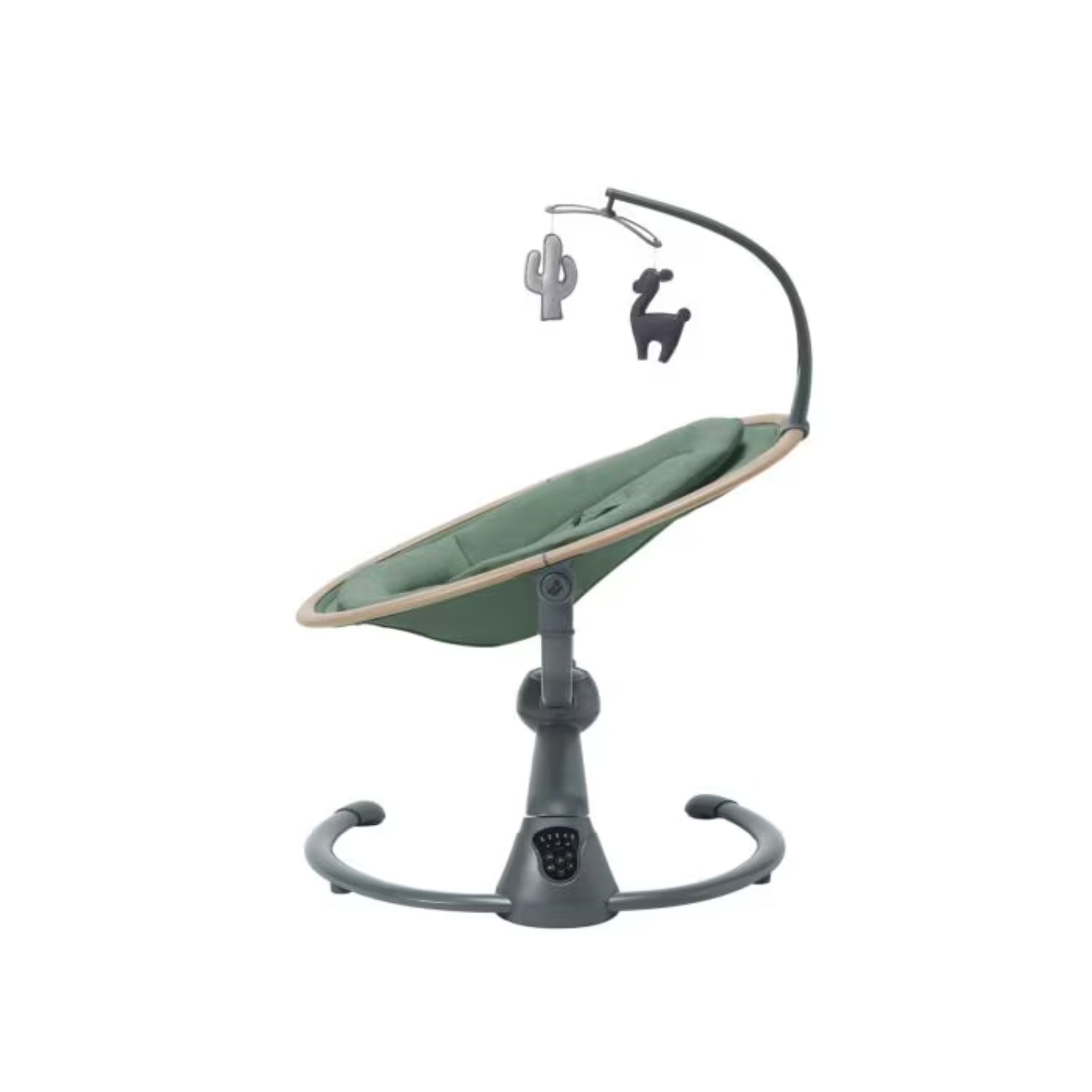Mecedora verde de MAXI COSI con juguetes colgantes, vista lateral en habitación infantil