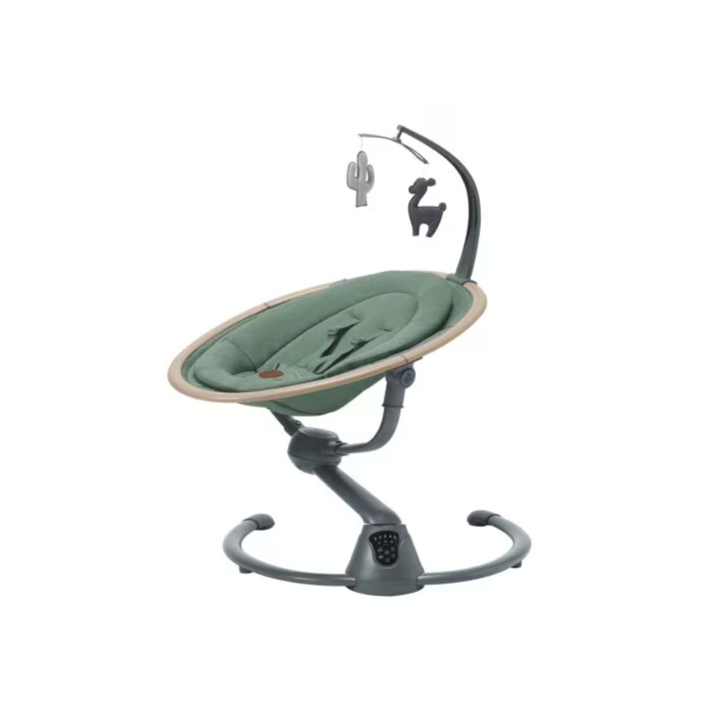 Mecedora verde MAXI COSI, vista lateral, en sala de estar con juguetes colgantes