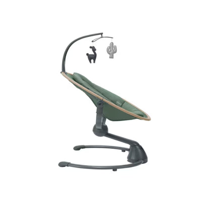 Mecedora verde MAXI COSI lateral, ideal para bebés con juguete colgante