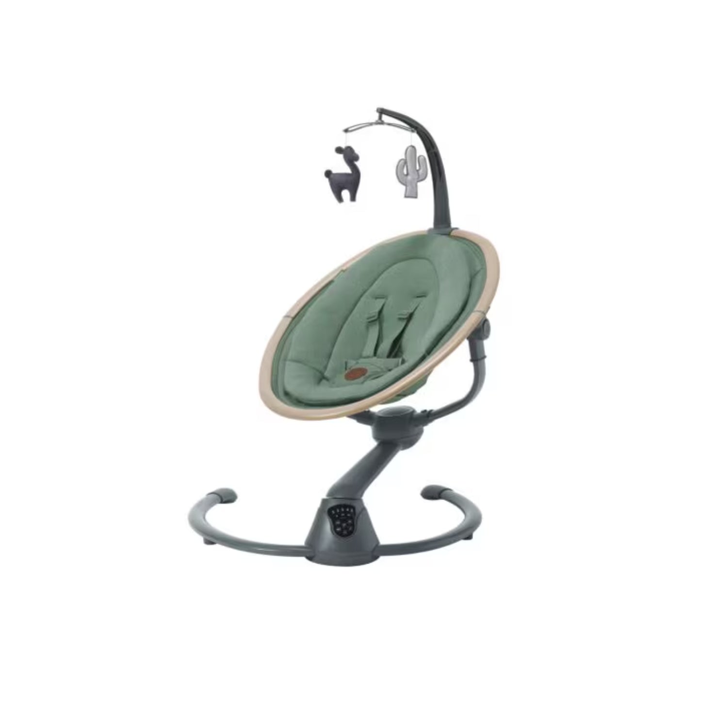 Mecedora verde MAXI COSI, vista lateral con juguetes colgantes