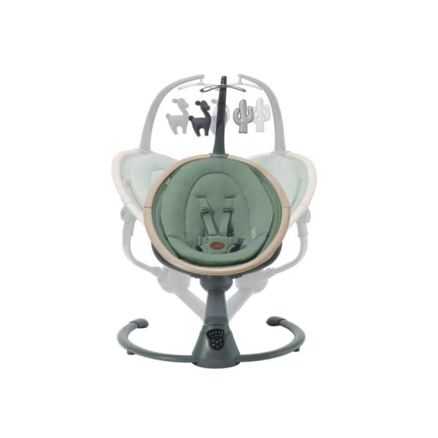 Mecedora verde suave, vista frontal, con juguetes colgantes para bebés.