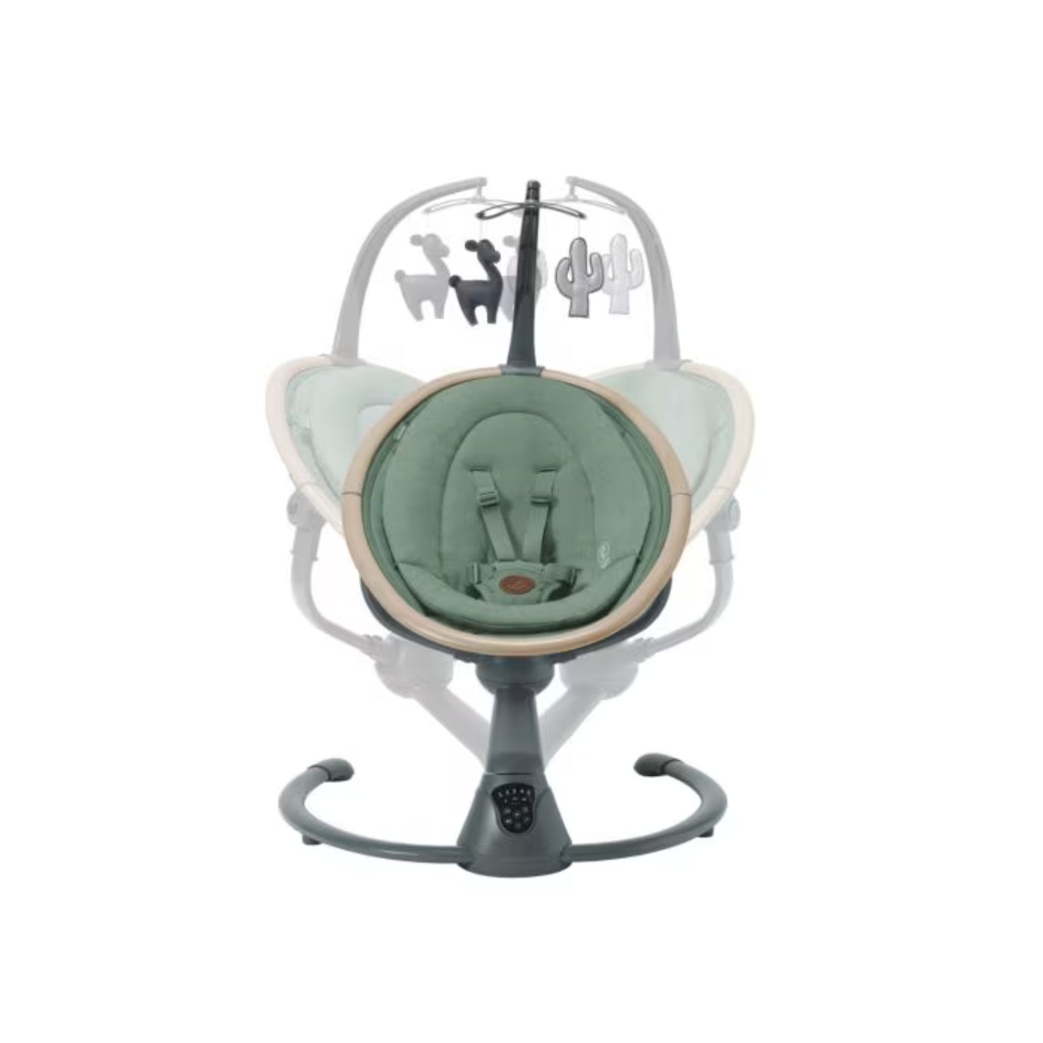 Mecedora verde suave, vista frontal, con juguetes colgantes para bebés.