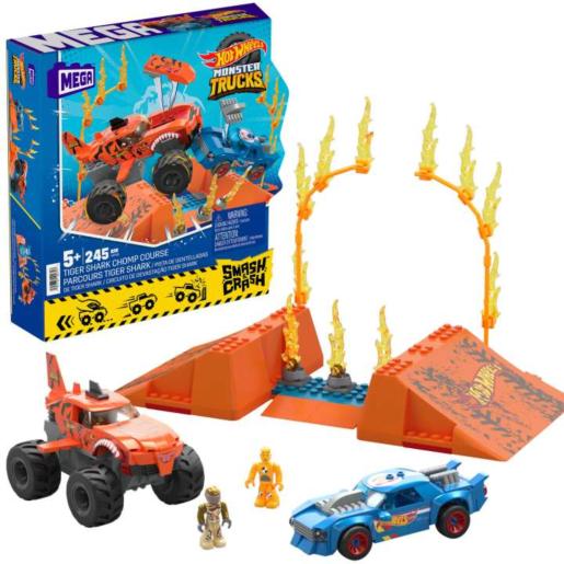 Juguete de coches Mega Bloks con camiones monstruo y pistas naranjas