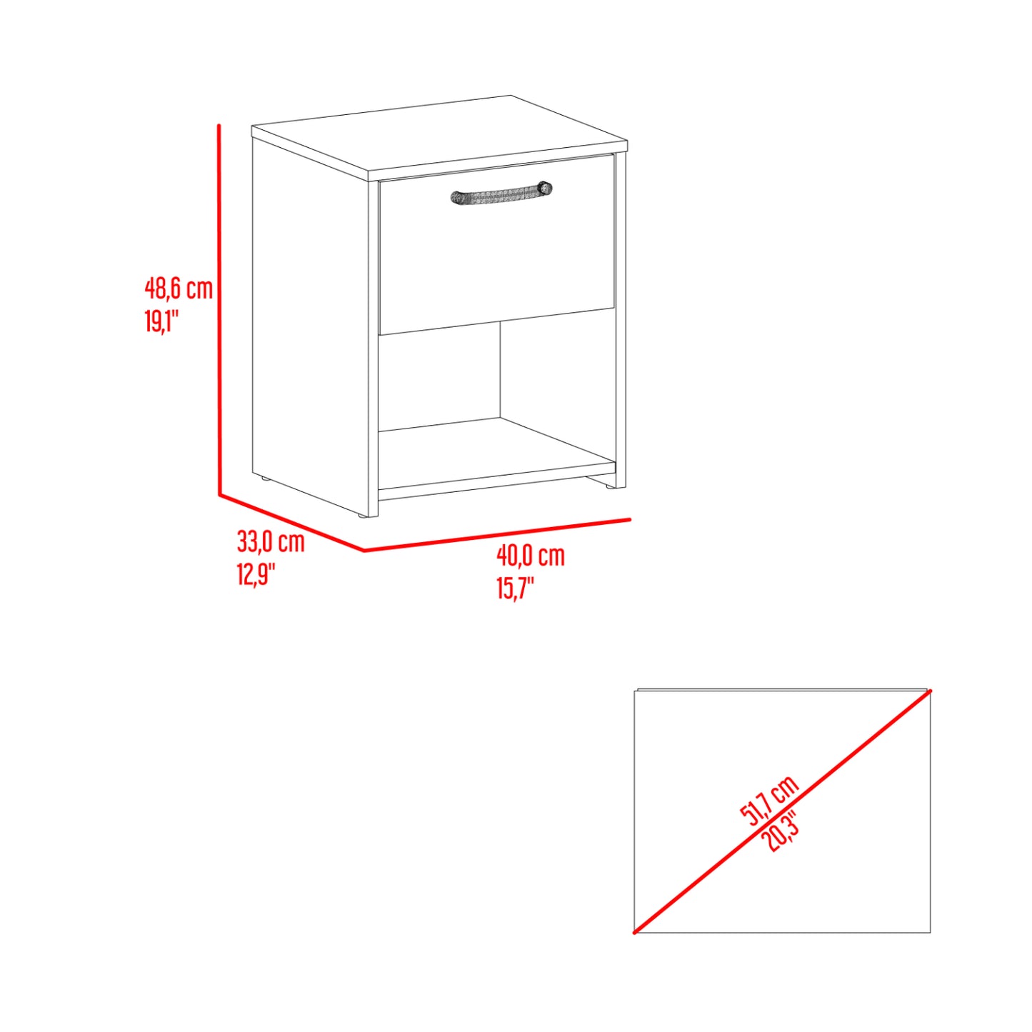 mesa blanca frontal con un cajón y estante, ideal para dormitorio