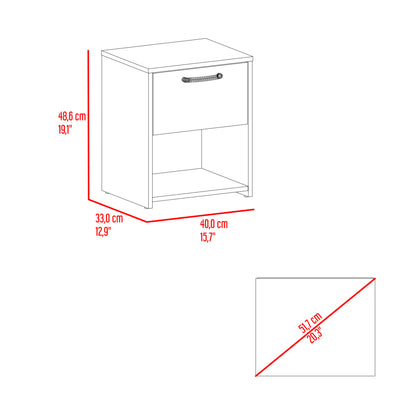mesa blanca frontal con un cajón y estante, ideal para dormitorio
