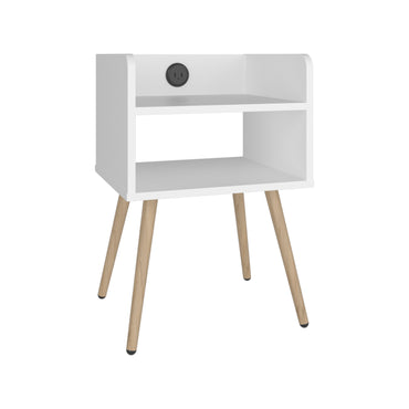 mesa blanca con patas de madera, vista frontal, ideal para dormitorio