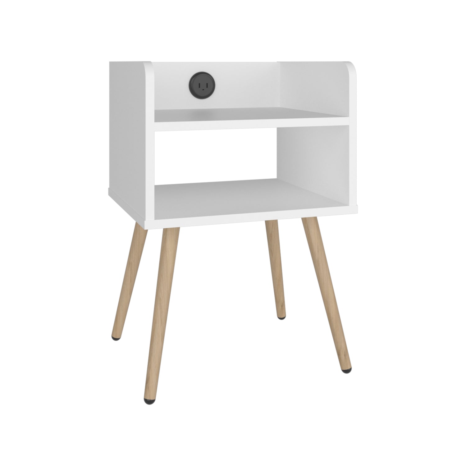 mesa blanca con patas de madera, vista frontal, ideal para dormitorio