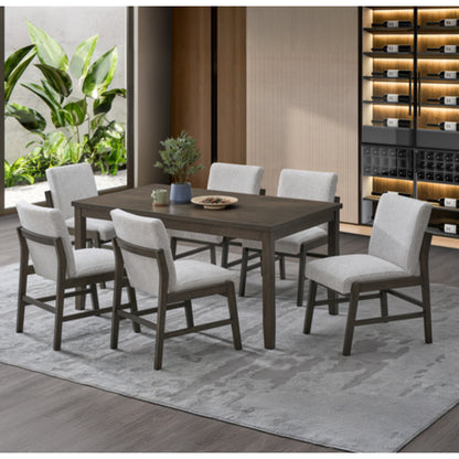 Comedor moderno en madera gris, seis sillas y mesa en vista de sala