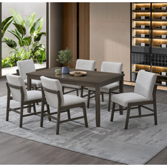 Comedor moderno en madera gris, seis sillas y mesa en vista de sala